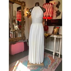 vintage 1970s slinky white halter gown 70s formal dress rhinestones sequin small